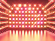 © Sawoon - Vivid glowing stage lights vibrant gameshow backdrop neon illuminated wall reflections studio dramatic entertainment design wallpaper retro spotlight tv show template copy space