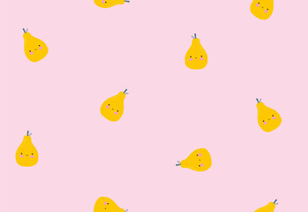 Wall Mural - hand drawn trendy seamless vector pattern with yellow pears isolated on a pastel pink background. cu