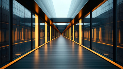 Poster - Modern architecture corridor with glass walls and orange lights, creating a futuristic and symmetrical design. The corridor's perspective leads to the vanishing point.