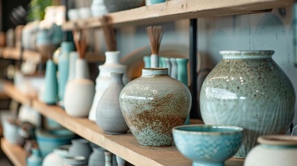 Wall Mural - Shelves of handmade ceramic vases and pots in a rustic decor shop