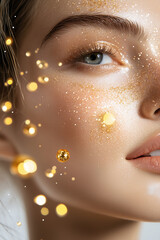 Wall Mural - beautiful woman eyes close up portrait with golden hydrating serum molecules structure and flying li