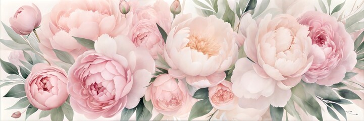 Soft pastel peony border, delicate floral design with light pink blooms and greenery