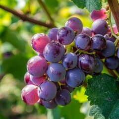 Poster - Close-up of a bunch of ripe red grapes hanging on a vine.