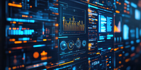 Aufkleber - Multiple screens are displaying graphs and code, representing the future of big data analysis and user interface. The bright blue and orange colors give a vibrant feel