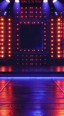 Wall Mural - Dynamic illuminated stage wooden floor vibrant glowing neon lights dark aesthetic event platform performance dramatic setup template copy space tv game show

