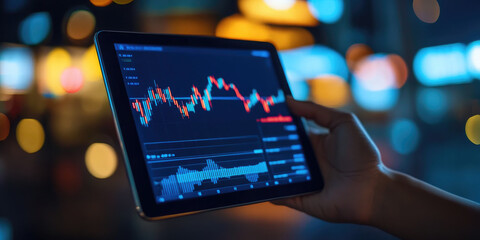 Poster - Businessman is analyzing stock market data on a tablet in the city at night, with blurred city lights in the background. The image evokes concepts of finance, technology, and urban living
