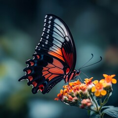 Sticker - Closeup of a colorful butterfly with black, white, red, and orange wings on a yellow flower.