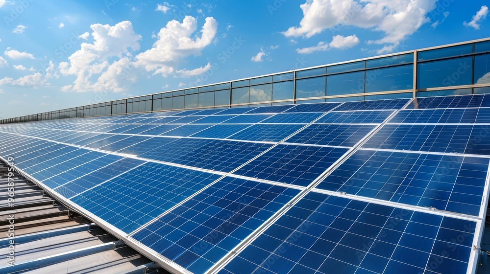 - Solar panels on the roof of a sleek, modern office building with ...