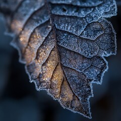 Sticker - Close-up of a frosty leaf with intricate details and a blurred background.