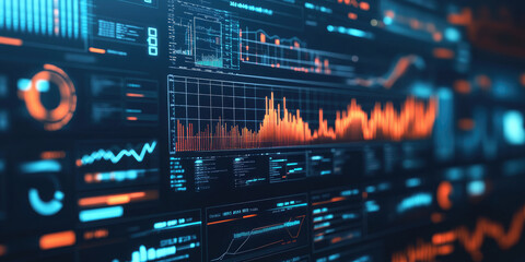 Aufkleber - Multiple screens are displaying graphs and code, representing the future of big data analysis and user interface. The bright blue and orange colors give a vibrant feel