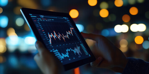 Poster - Businessman is analyzing stock market data on a tablet in the city at night, with blurred city lights in the background. The image evokes concepts of finance, technology, and urban living