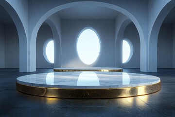 Wall Mural - Empty modern stage or podium with circular lighting and golden trim in futuristic interior