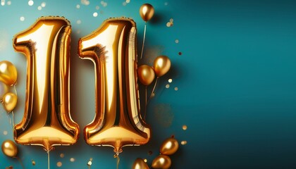 Banner with number 11 golden balloons with copy space