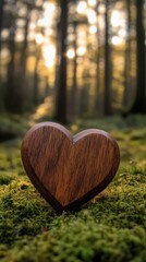 Poster - Wooden heart on forest floor with sunlight filtering through trees