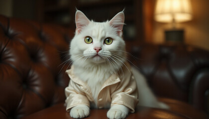 A white cat is wearing a gold jacket and sitting on a brown couch