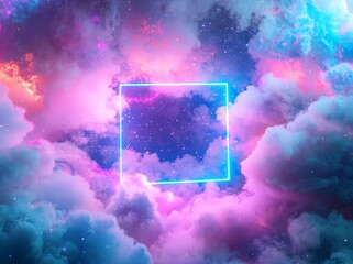 Aufkleber - This 3D render features a minimal background, a blue neon light square frame with copy space, illuminated storm clouds, and glowing geometric shapes in the sky.