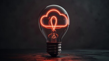 Canvas Print - Neon Cloud Inside Light Bulb On Dark Background, Cloud Computing, Technology Concept.