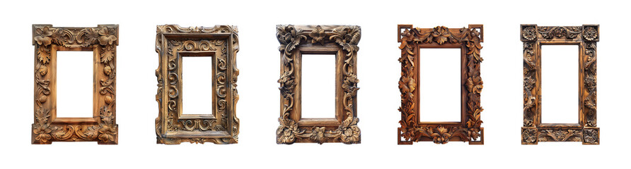 Rectangle carved ornate wooden frame isolated on a transparent or white background, cut-out, PNG