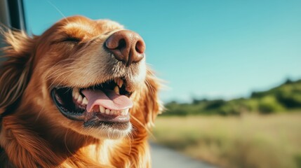 A happy golden retriever with its head out of a car window, eyes closed, tongue out, enjoying the breeze on a sunny day in the countryside.