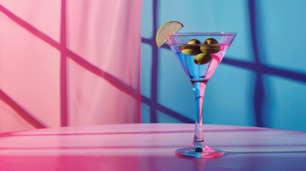 Martini glass on a pink and blue neon background. Alcohol drink, cocktail party concept. Transparent silhouette, illuminated effect. Night bar.