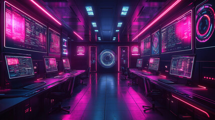 Wall Mural - A neon pink room with computer monitors and a large circular screen