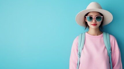 A stylish woman, dressed in a pink sweater and sun hat, stands against a vibrant teal background, showcasing a blend of modern fashion and a relaxed, cheerful demeanor.