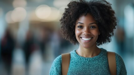 A cheerful woman with curly hair and a casual outfit, including a green sweater, smiles brightly while outdoors, embodying joy and positivity in a lively urban setting.