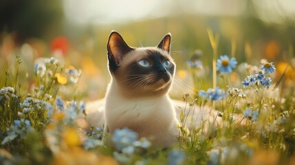 Wall Mural - A serene cat resting among colorful wildflowers in a sunlit meadow.