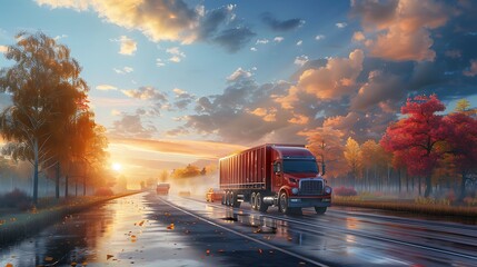 Wall Mural - Truck on the highway at sunset