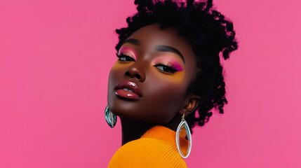 A beautiful woman showcasing vibrant makeup with a playful pose against a soft pink background, exuding confidence and elegance.