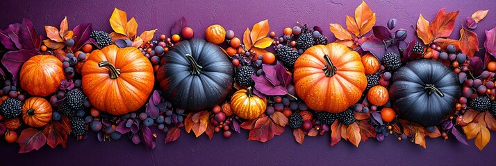 Vibrant arrangement of bright orange and glossy black pumpkins on a purple background, perfect for Halloween invitations or decorations, with copy space.