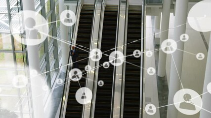Poster - Animation of network of connections over caucasian businessman using escalator