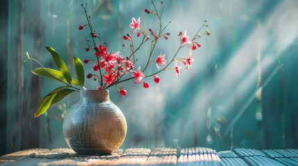 Wall Mural - beautiful red flowers in a ceramic vase with sunlight