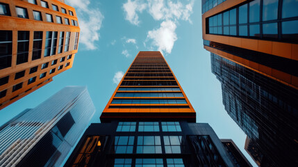 A dramatic upward view of modern skyscrapers, featuring reflective glass facades and a bright blue sky with a few clouds.