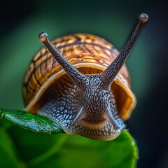 Close-up of a snail with its shell retracted and its tentacles extended, crawling on a green leaf.