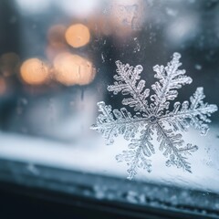 Sticker - Close-up of a snowflake on a window pane with blurred lights in the background.