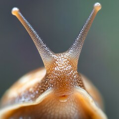 Close-up of a snail's head, showing its textured skin and two long tentacles.