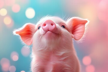 adorable pink piglet with fluffy white patches gazing upward with curious expression set against whimsical blue and pink gradient background for charming nursery art