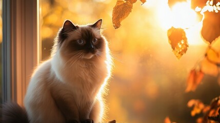 Poster - A serene cat sits by a window, illuminated by warm autumn sunlight.