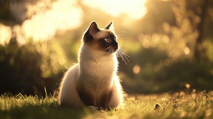 Wall Mural - A serene cat sits in sunlight, surrounded by a soft, natural environment.