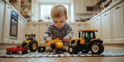 A young child is playing with toy tractors in a kitchen. The scene is playful and lighthearted, with the child enjoying the activity