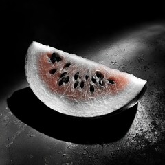 Wall Mural - Close-up of a watermelon slice with seeds on a dark background with dramatic lighting.