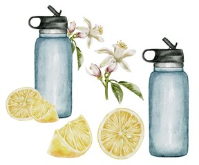 Bottle of water with lemon watercolor illustration