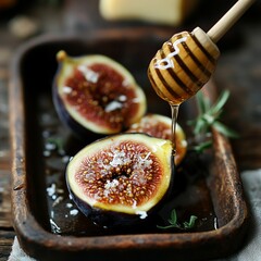 Wall Mural - Close-up of fresh figs drizzled with honey in a wooden tray.