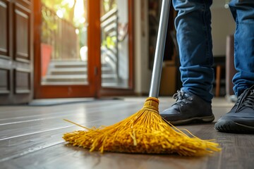 Young man cleaning floor with broom at home, closeup