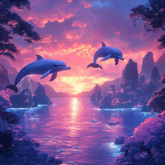 Two dolphins flying over a beautiful ocean with a sunset in the background