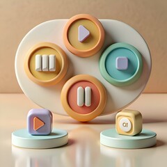 Colorful 3D rendered media player controls.