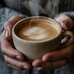 Sticker - Close-up of hands holding a steaming cup of coffee with latte art.