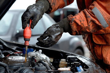 Wall Mural - Mechanic performing transmission fluid change on vehicle, showcasing intricate process of automotive maintenance. hands are covered in oil, reflecting hard work and dedication