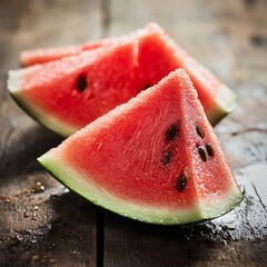 Poster - Close-up of juicy watermelon slices on a rustic wooden surface.